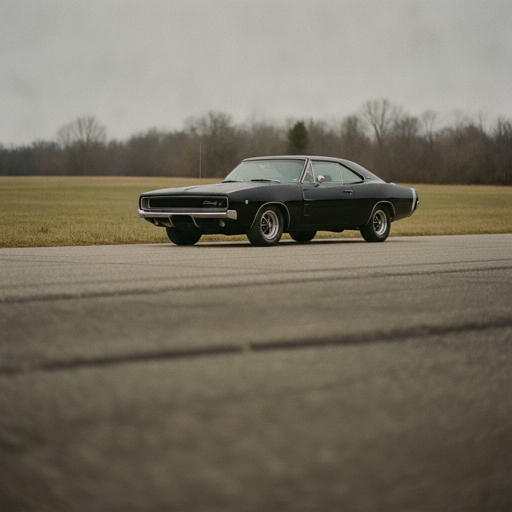 A black 1969 Dodge Charger R/T on an open road