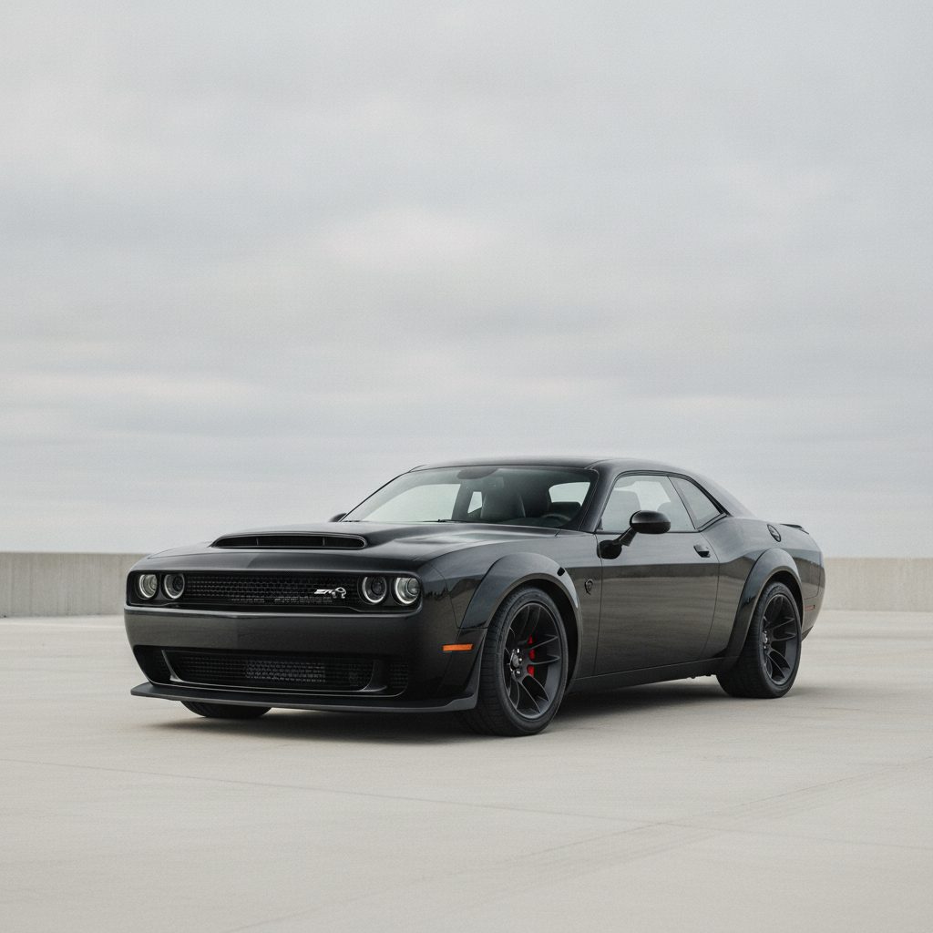 A black wide-body Dodge Challenger SRT Demon parked on open concrete under an overcast sky