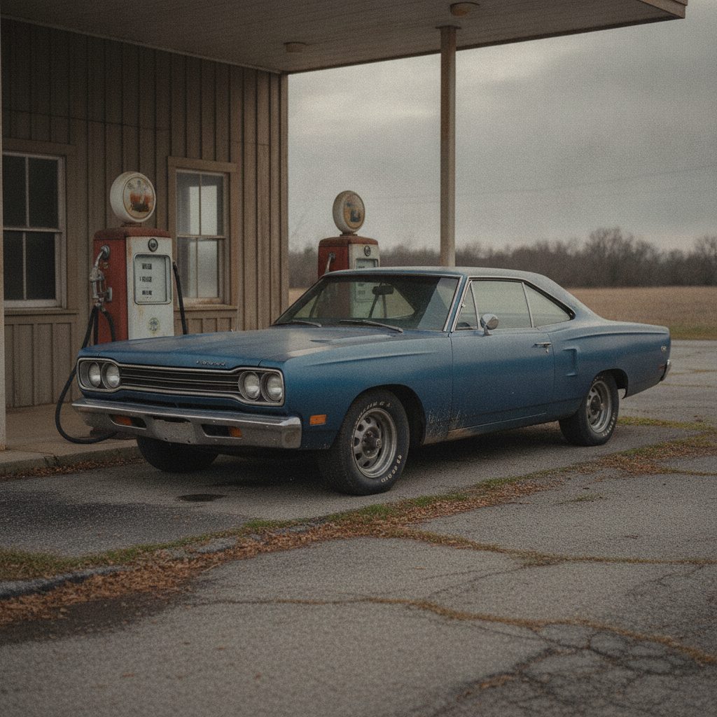 A blue 1970 Plymouth Road Runner at a gas station